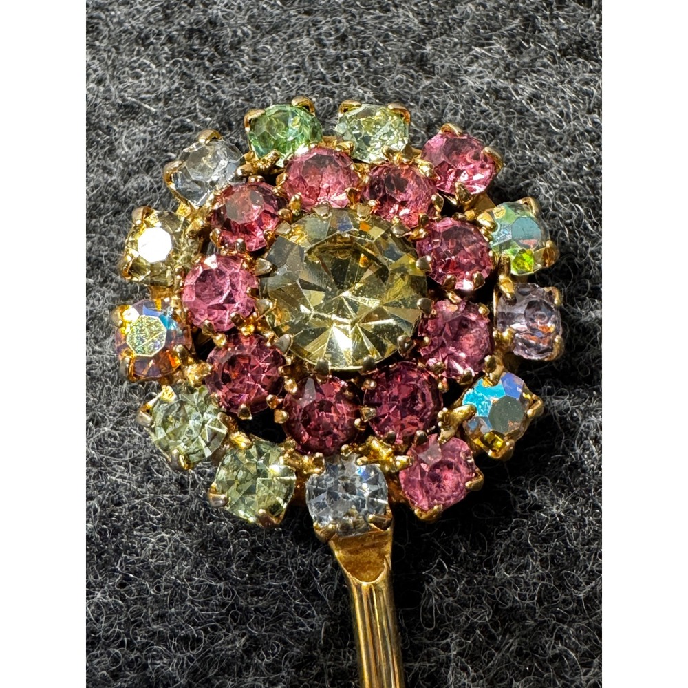 Vintage Gold Tone Sunflower Rhinestone Brooch Yellow Amber Floral Stem Pin 2.5" - Picture 2 of 6